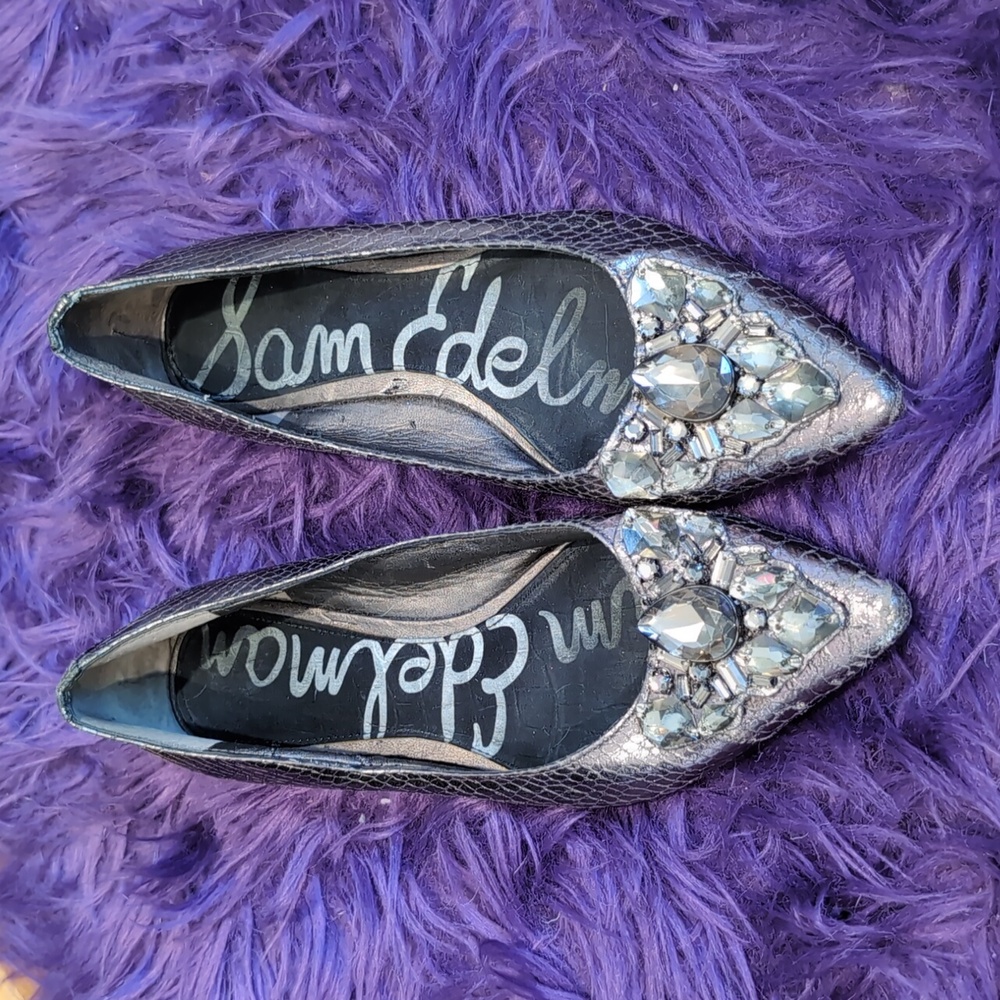 Sam Edelman Pewter Silver Icelyn Jewelled Pointed Toe Flats Women’s Size 6